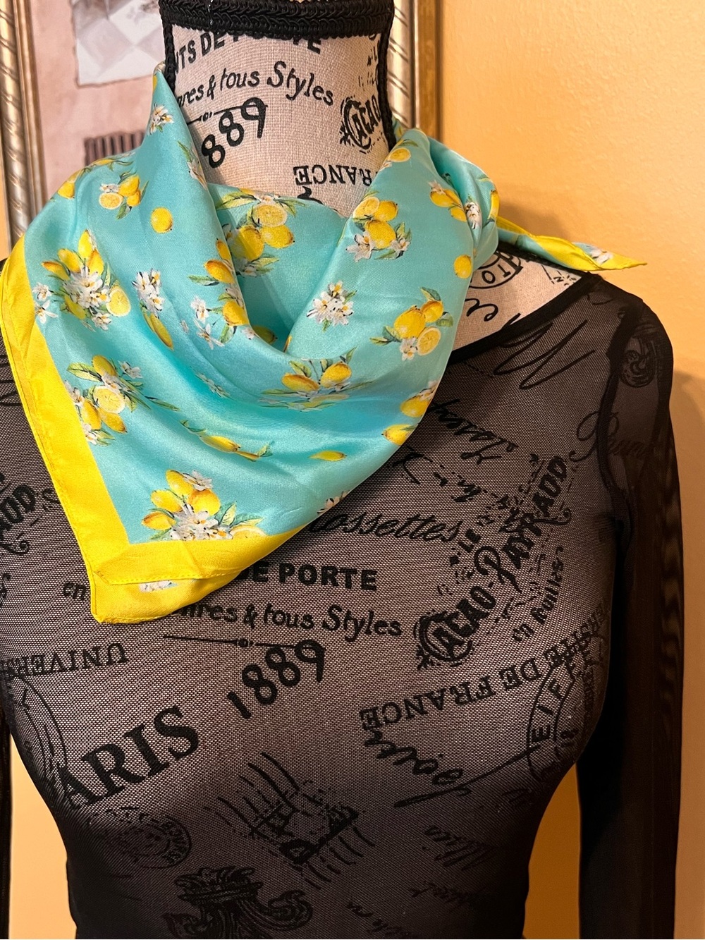 Barbieri Aqua and Yellow lemonSilk-Feel made Italy Neck Scarf 10X10 - Picture 6 of 10